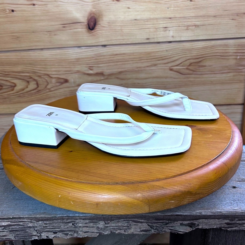 Zara‎ White Square Toe Thong Sandals Block Heel 1311/710/001 EU 39